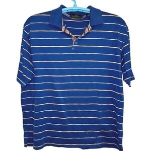 Bugatchi Polo Shirt Men Blue Striped Egyptian Cotton Short Sleeve Yacht Club XL‎